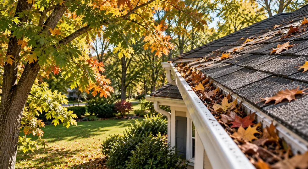 Autumn leaves filling a home's rain gutter beneath overhanging trees, with fallen leaves scattered across the shingled roof