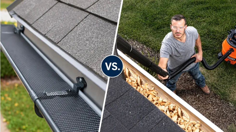 Gutter guard mesh on a roof gutter compared with a person vacuuming leaves from a clogged gutter