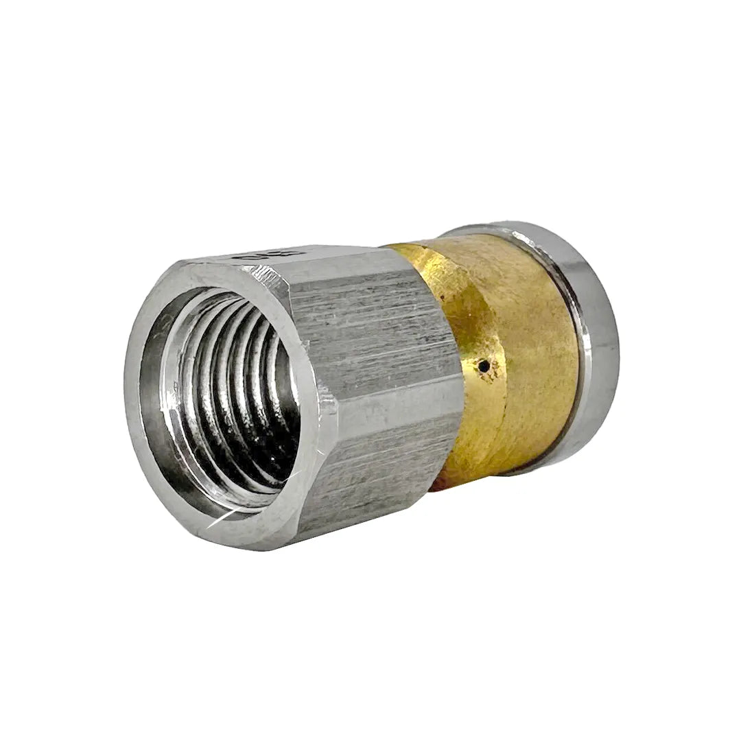Spinning Jetting for Drain Line Cleaning - 1/4" NPT, 4000 PSI, 045 Orifice, angled rear view showing female threaded inlet, brass center and side jet port