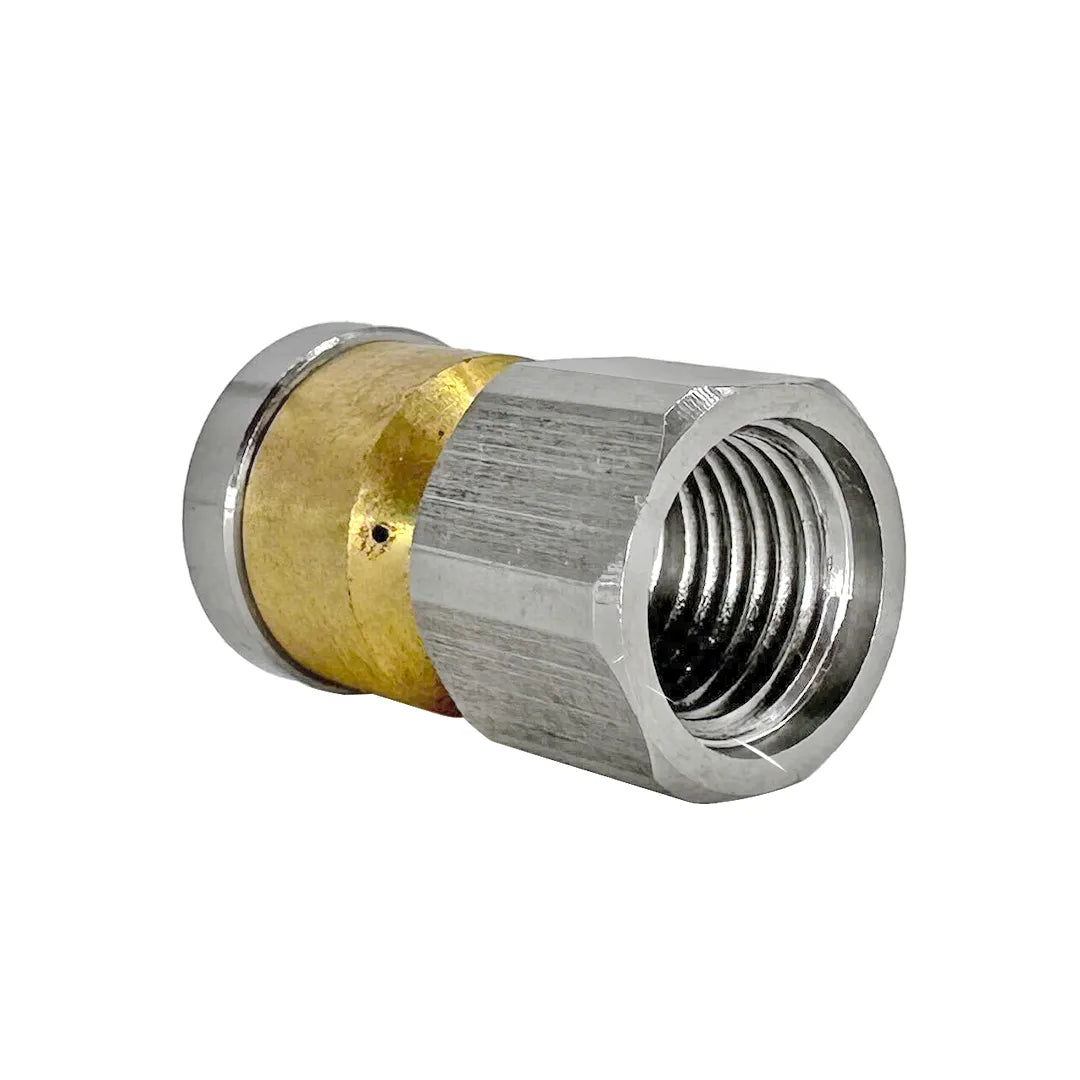 Spinning Jetting for Drain Line Cleaning - 1/4" NPT, 4000 PSI, 045 Orifice, opposite rear angle showing female threads, brass center and side jet port
