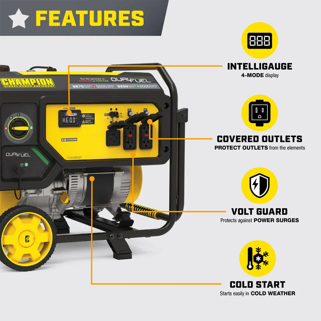 Champion 5500W Dual Fuel Generator with Carbon Monoxide CO Shield