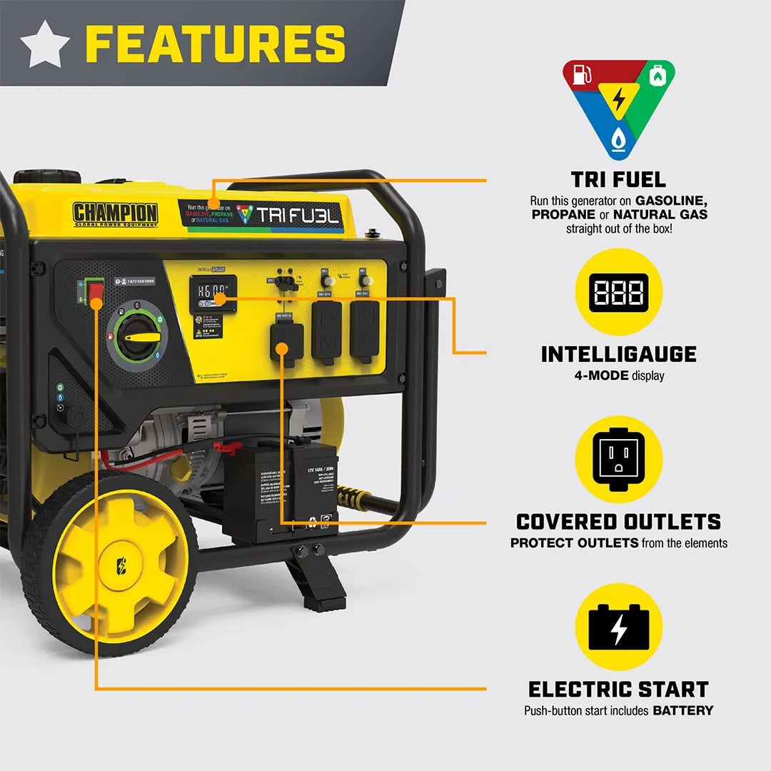 Champion 6500W Tri Fuel Generator with CO Shield & Electric Start