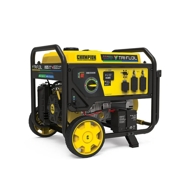 Champion 6500W tri fuel generator, yellow and black wheeled unit with CO Shield® badge and tri fuel logo
