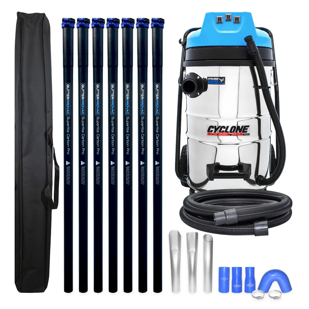 20 Gallon Classic Cyclone Gutter Vacuum with 28 Foot Carbon Clamping Poles, 15ft Hose and Pole Bag