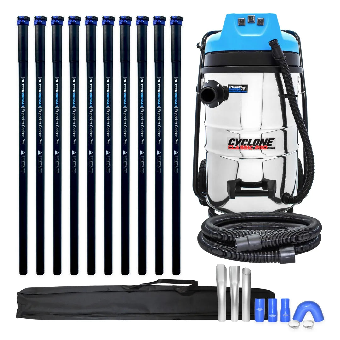 20 Gallon Classic Cyclone Gutter Vacuum, 40 Foot Carbon Clamping Gutter Poles, Carry Bag and 15 Foot Hose
