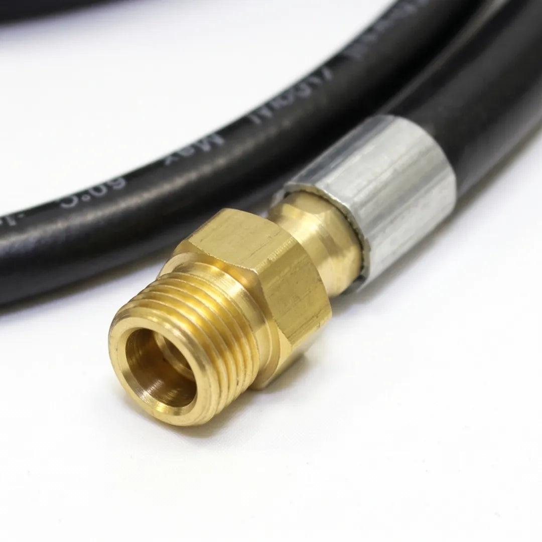 30 foot Flexible Drain & Downspout Jetter Hose - 1/4" NPT, 2300 PSI, Wiggle Nozzle, close-up of the brass threaded connector and silver crimp sleeve