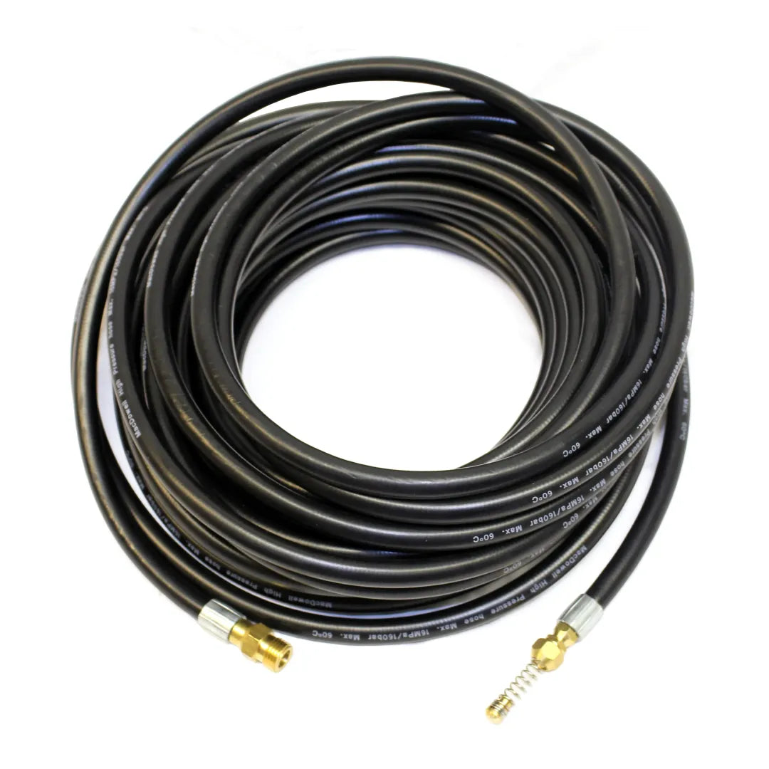 30 foot Flexible Drain & Downspout Jetter Hose - 1/4" NPT, 2300 PSI, Wiggle Nozzle, coiled black hose with brass connector and spring-wrapped nozzle ends