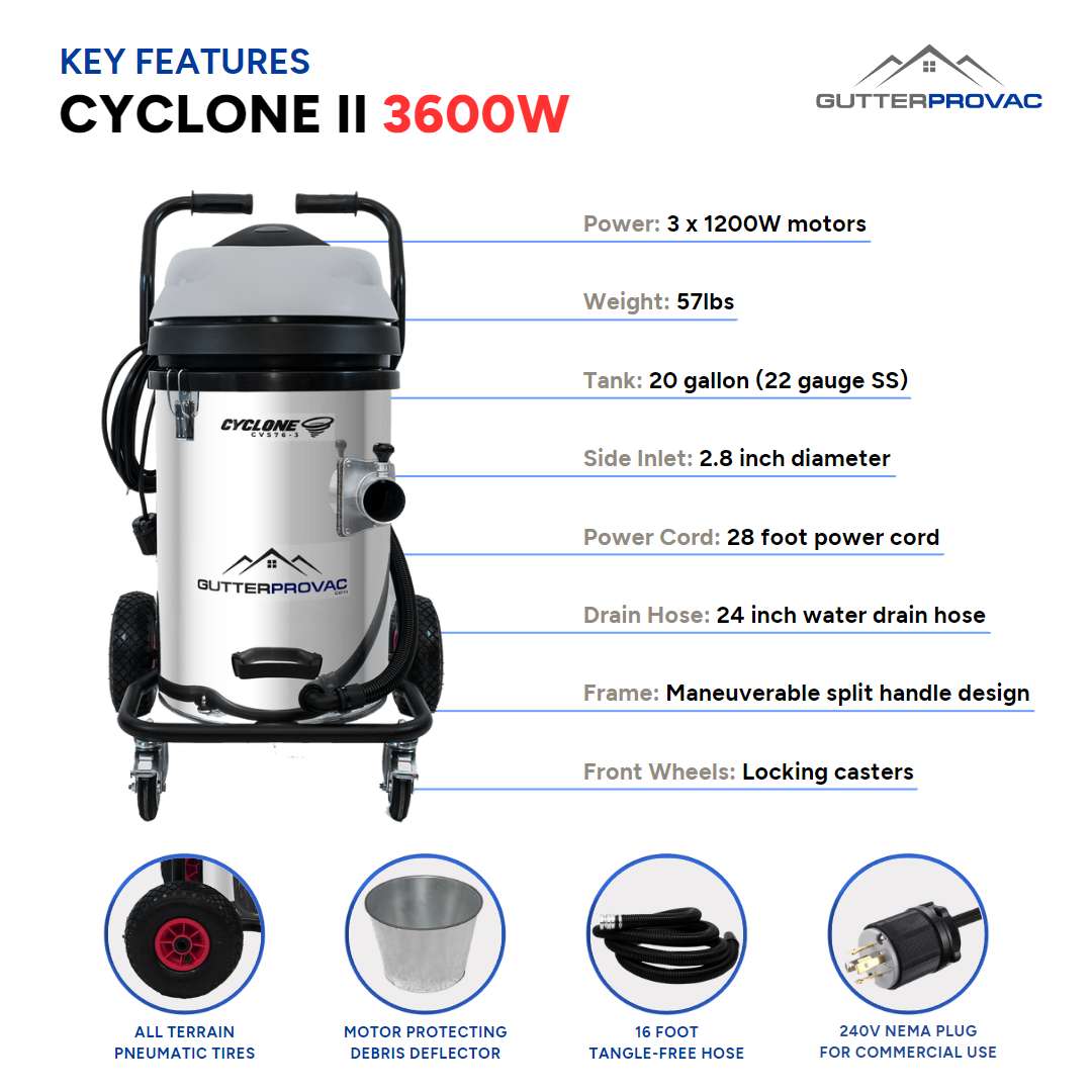 Cyclone II 3600W Stainless Steel 20 Gallon Gutter Vacuum with 28 Foot Aluminum Poles and Bag