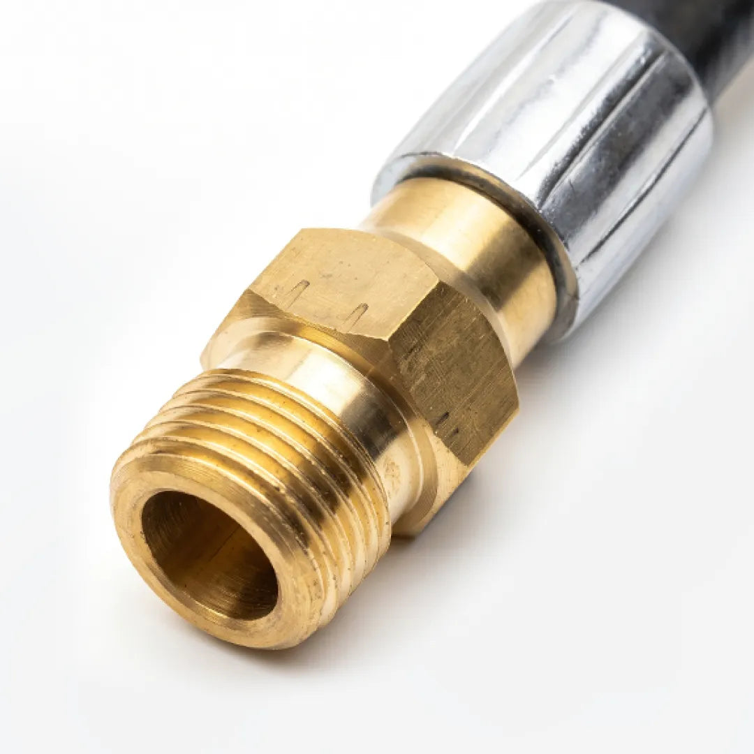 50 ft Drain & Sewer Downspout Hose - 1/4" NPT, 2300 PSI, Retrojet Nozzle, close-up of the brass threaded connector and silver crimp sleeve