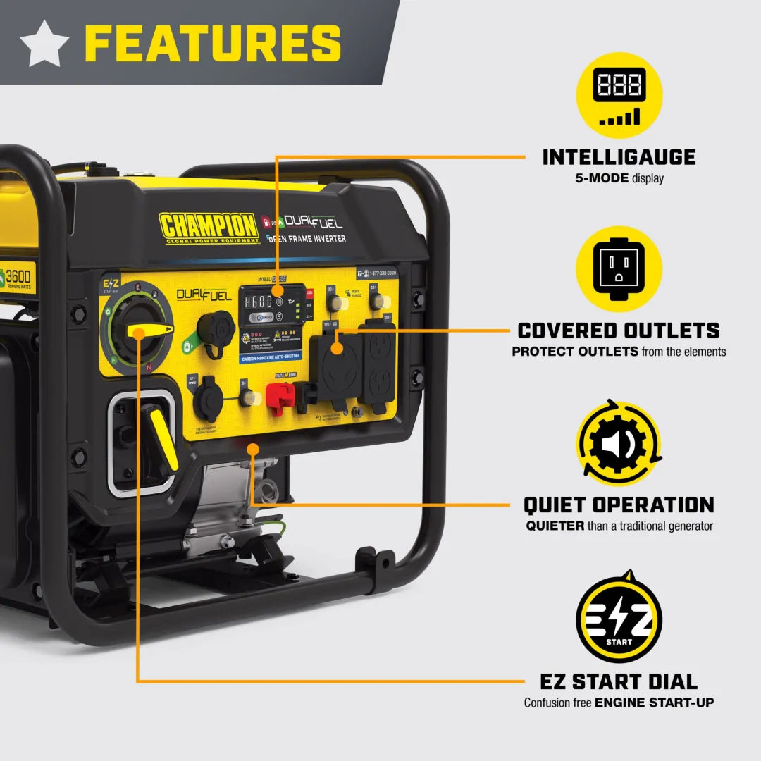 Champion 5500W dual fuel open frame inverter generator features graphic showing the Intelligauge, covered outlets, quiet operation and EZ start