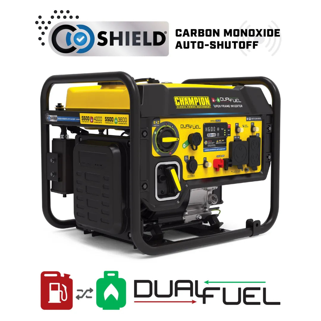 Champion 5500W dual fuel open frame inverter generator, yellow and black unit with CO Shield® badge and dual fuel logo