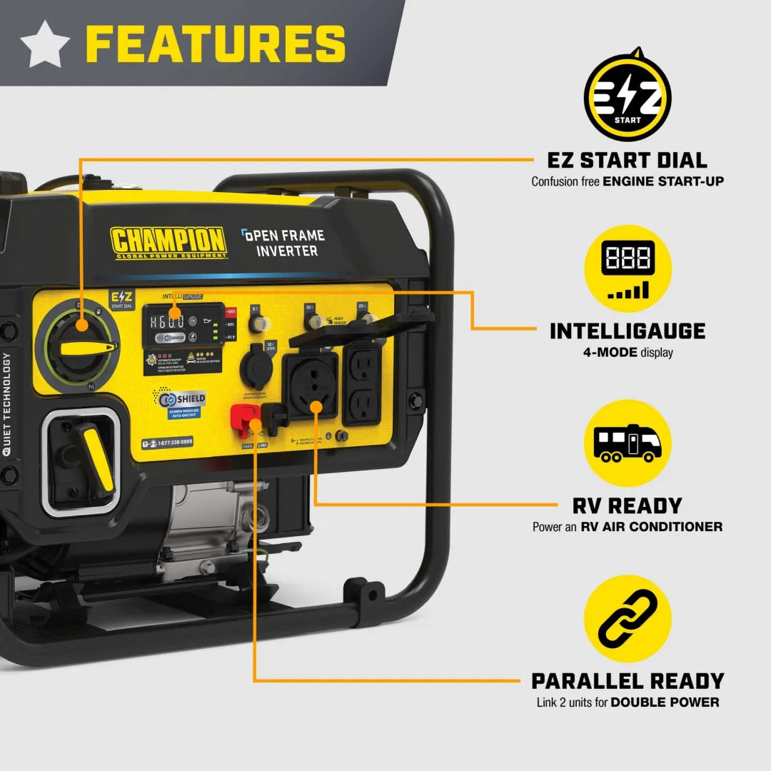 Champion 5500W RV ready open frame inverter generator features graphic showing EZ start, Intelligauge, RV ready and parallel ready