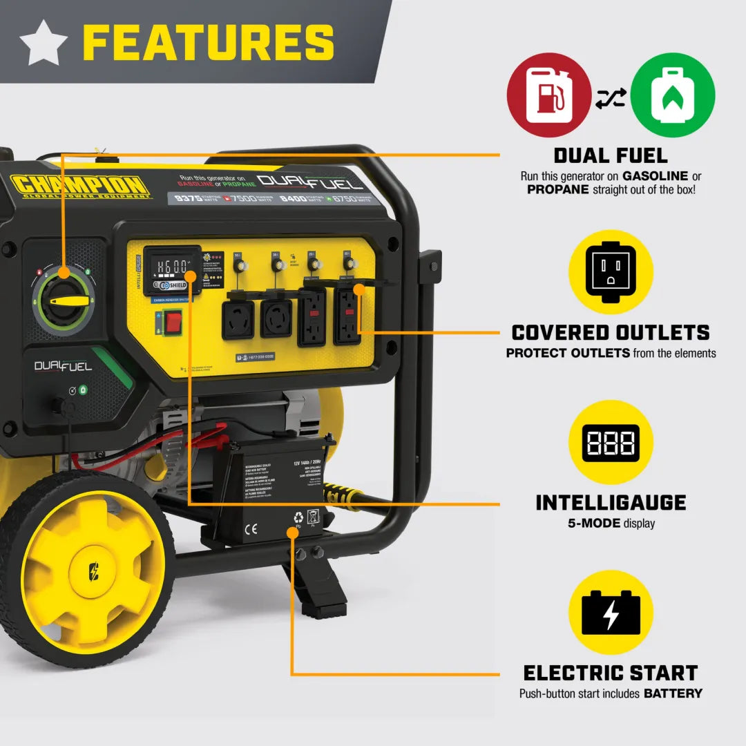 Champion 7500W Electric Start Dual Fuel Generator with CO Shield®, 240V Power