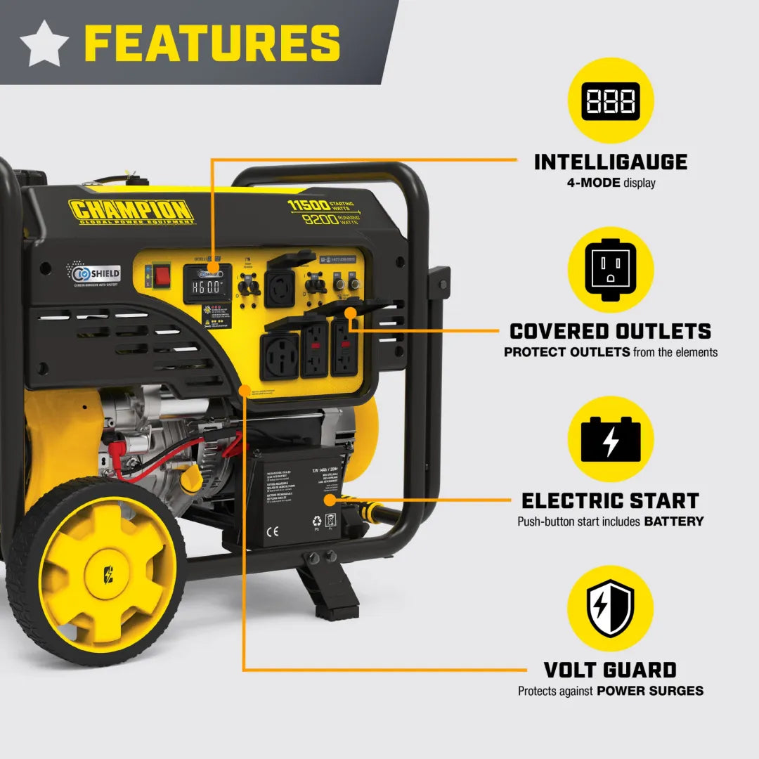 Champion 9200W Portable Backup Generator with Electric Start & CO Shield®, 240V Power