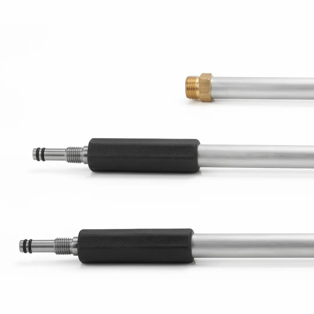 Pressure Washer 9 Foot Extension Wand - Gutters, Windows & Siding, close-up of a brass threaded fitting and two quick-connect ends with black grips