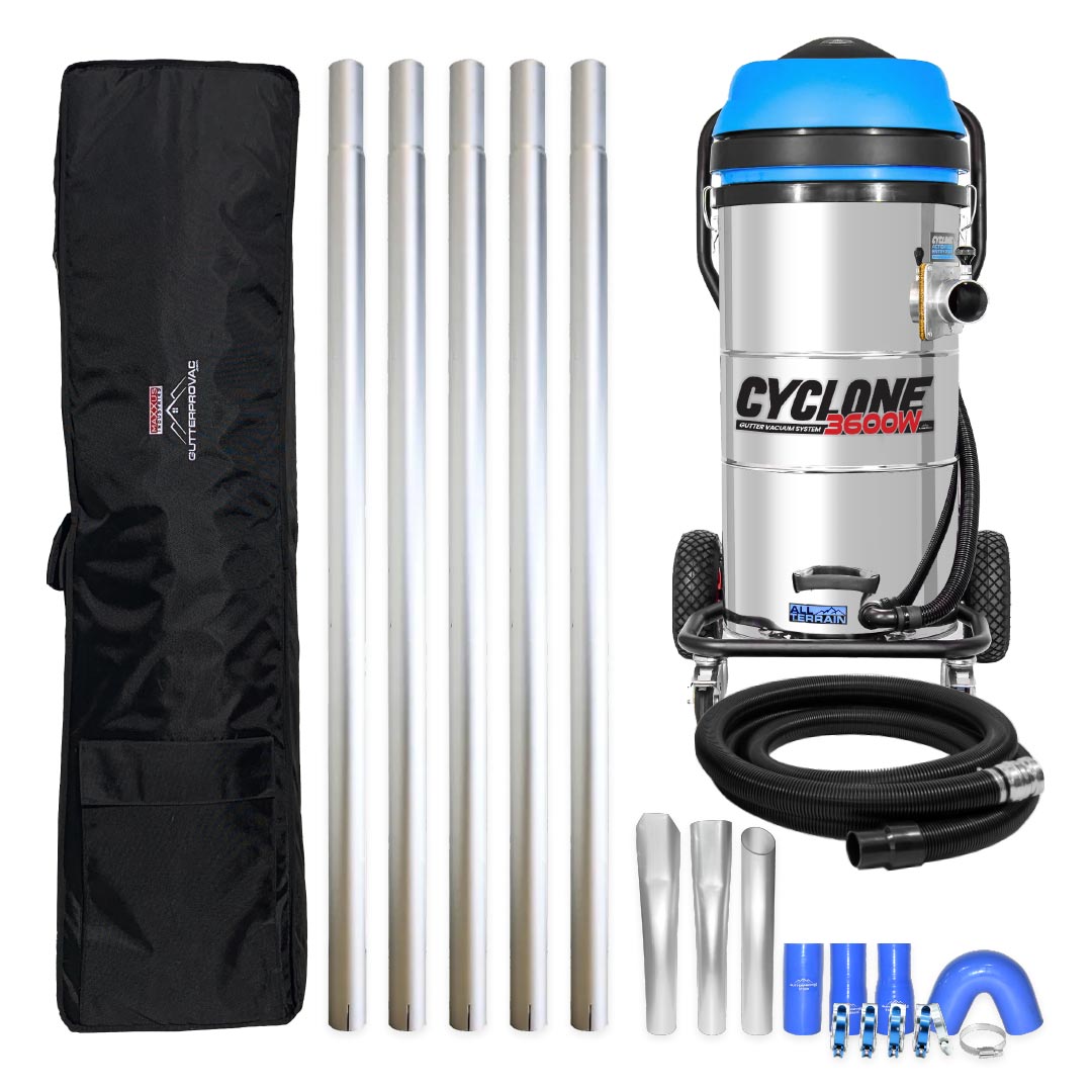 Cyclone II 3600W Stainless Steel 27 Gallon All Terrain Gutter Vacuum with 20 Foot Aluminum Poles and Bag