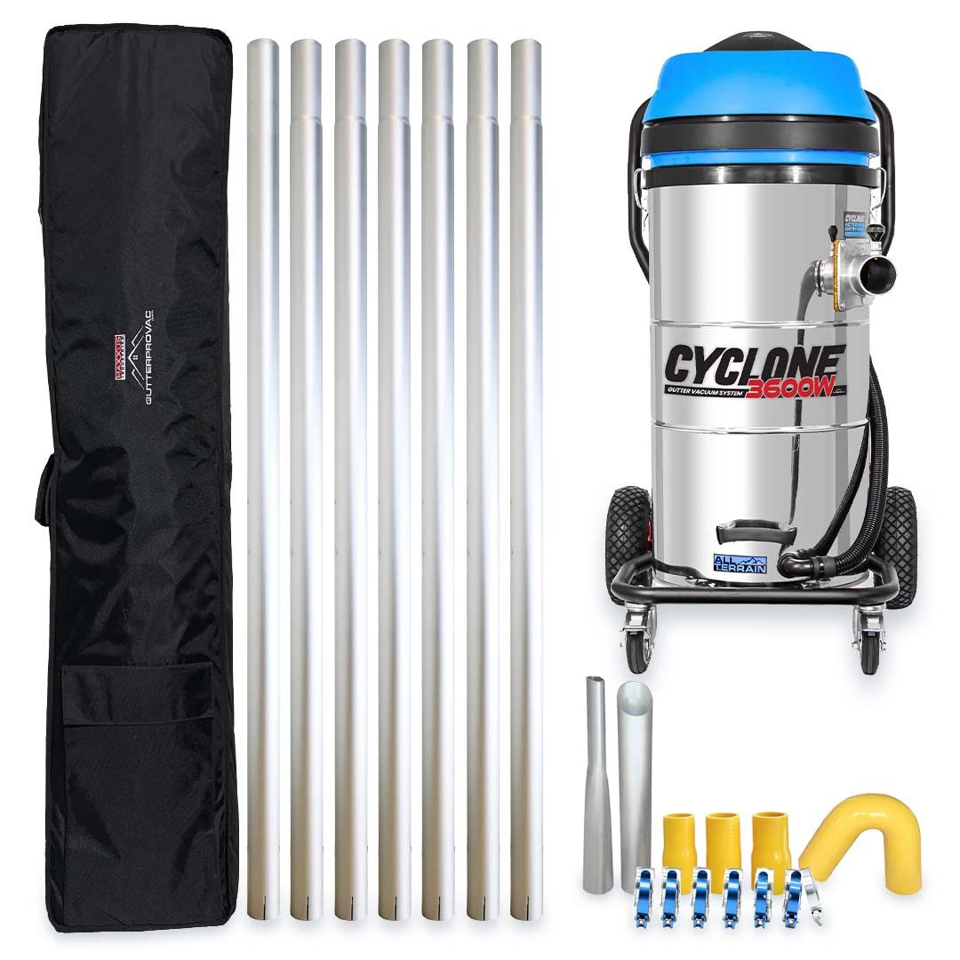 Cyclone II 3600W Stainless Steel 27 Gallon All Terrain Gutter Vacuum with 28 Foot Aluminum Poles and Bag