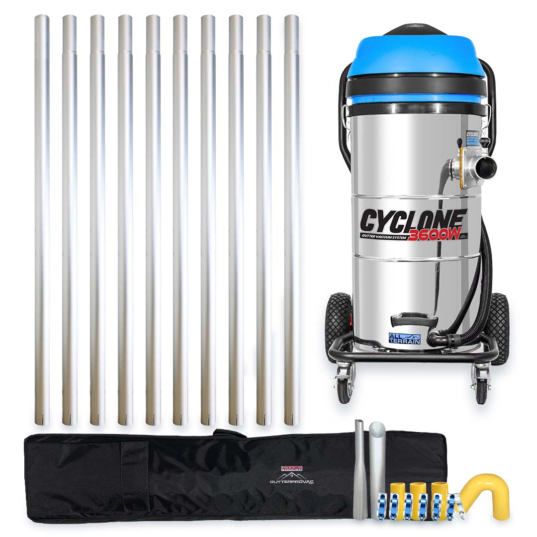 Cyclone II 3600W Stainless Steel 27 Gallon All Terrain Gutter Vacuum with 40 Foot Aluminum Poles and Bag