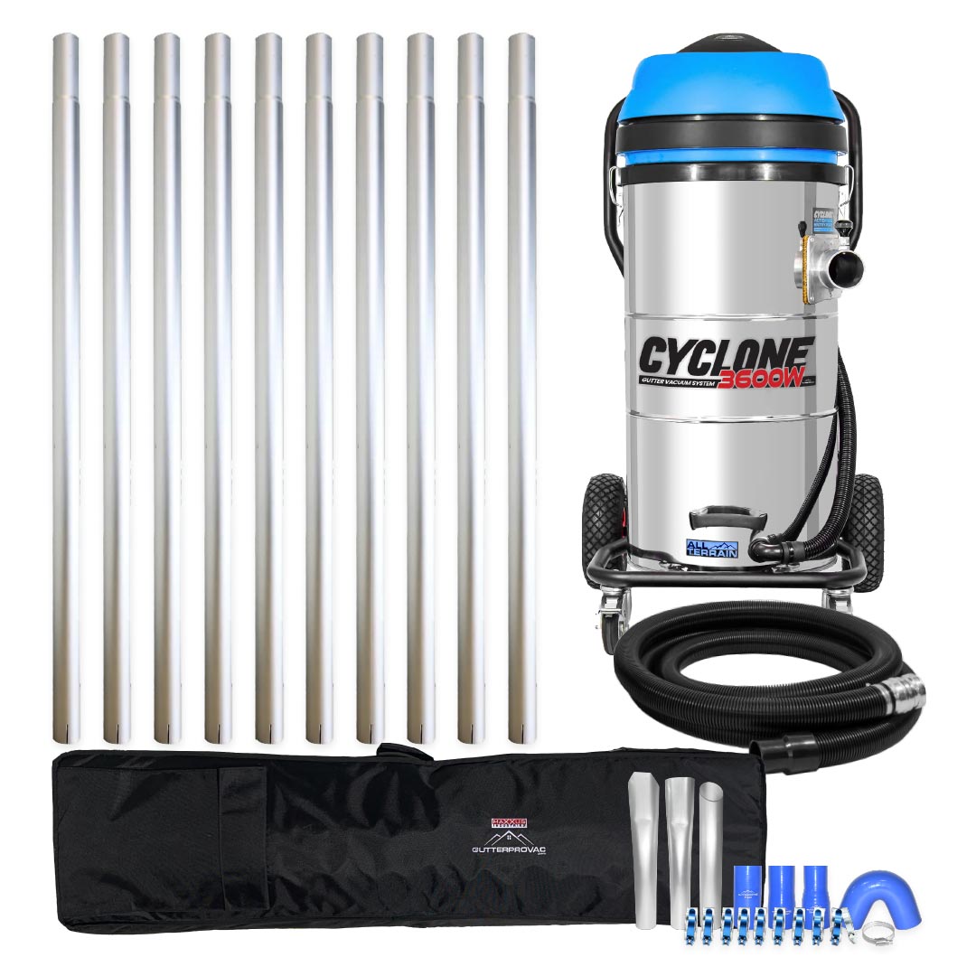 Cyclone II 3600W Stainless Steel 27 Gallon All Terrain Gutter Vacuum with 40 Foot Aluminum Poles and Bag