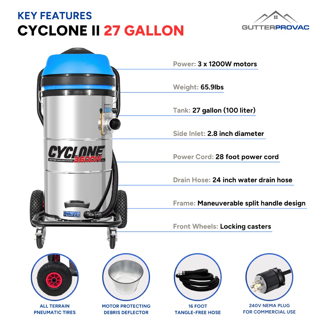 Cyclone II 3600W Stainless Steel 27 Gallon All Terrain Gutter Vacuum