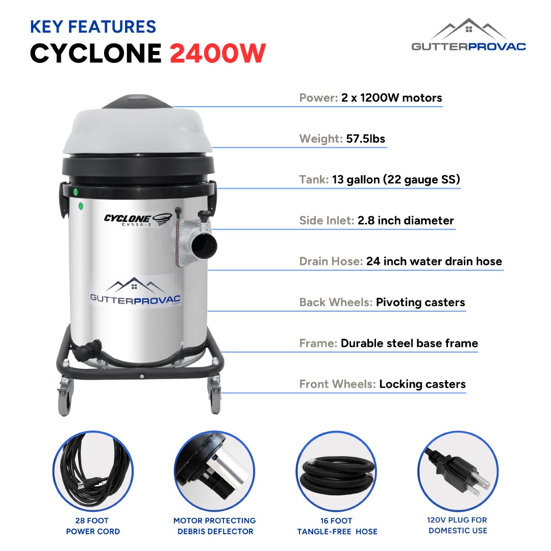 13 Gallon Cyclone 2400W Stainless Steel Residential Gutter Vacuum