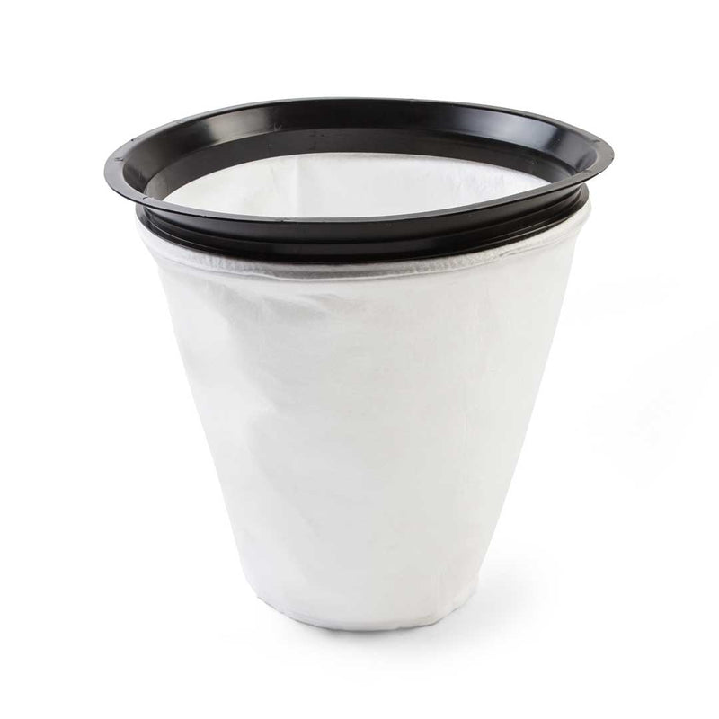 White, washable cloth filter bag with a black mounting ring