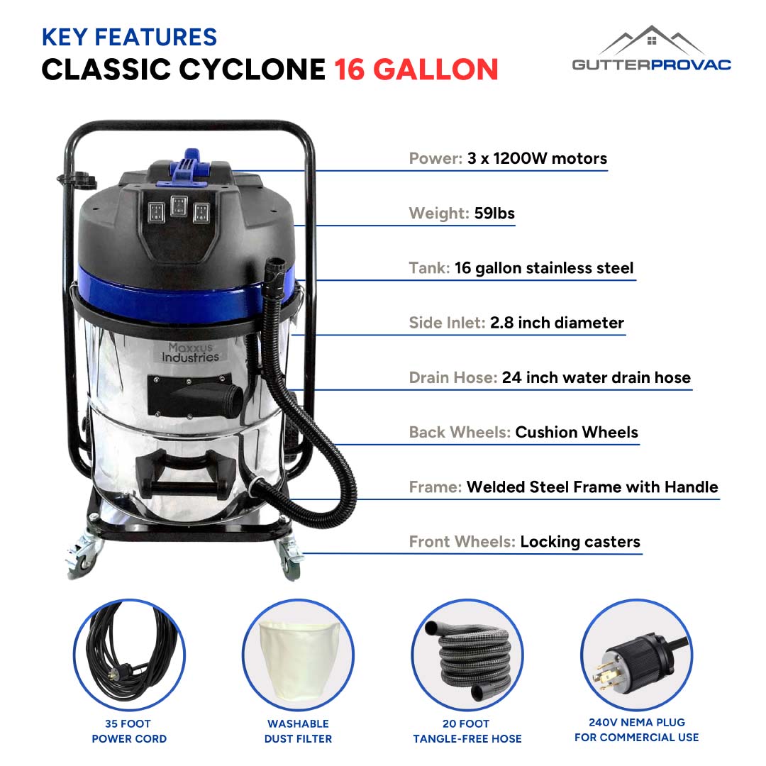 16 Gallon Classic Cyclone Gutter Cleaning Vacuum 240v, 3600W, 3 x Motors NEW SIDE INLET