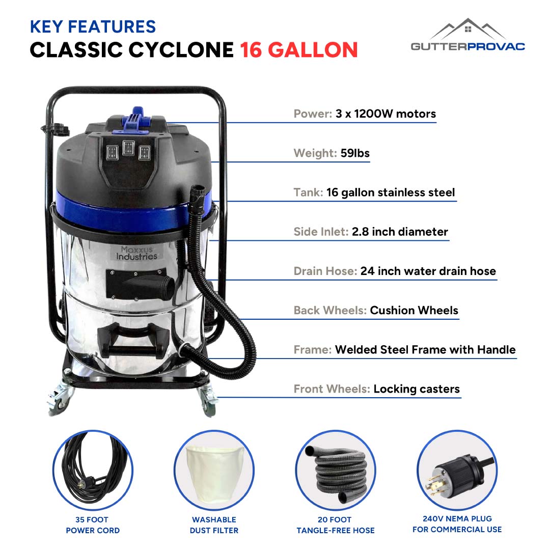 Key features infographic of the Classic Cyclone 16 Gallon wet and dry vacuum.