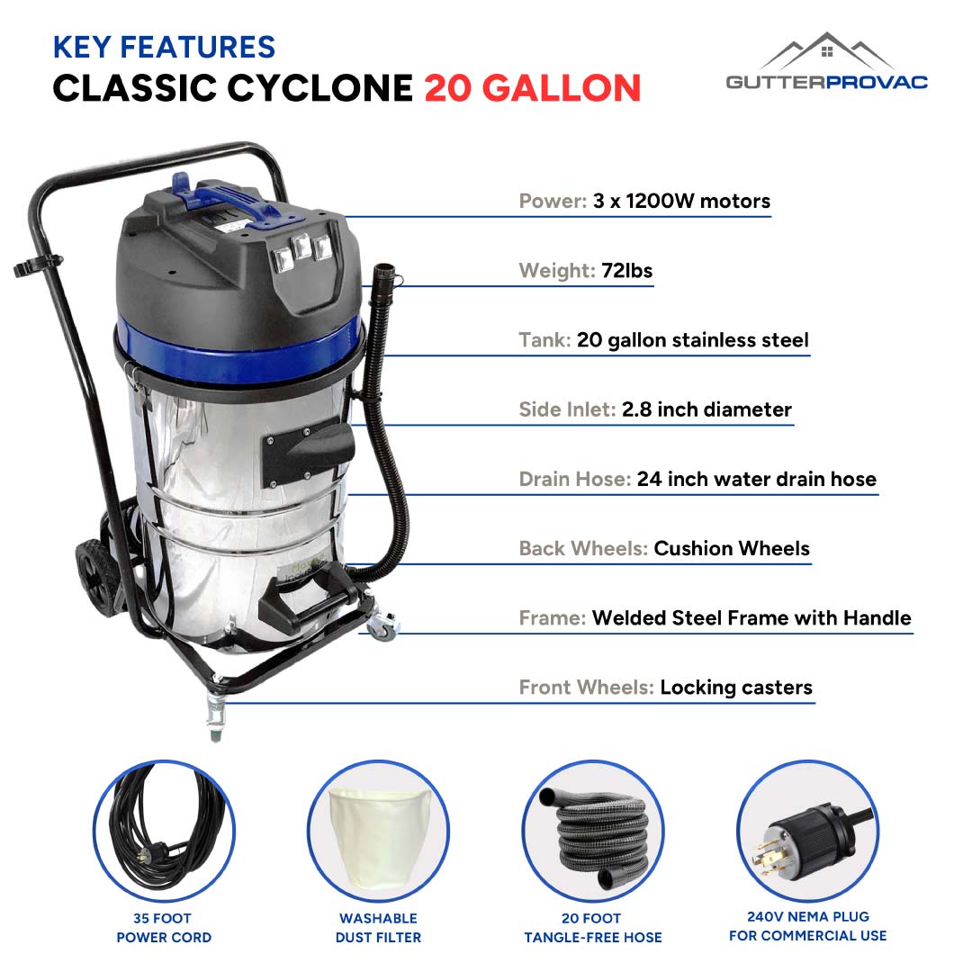 Key features infographic of the Classic Cyclone 20 Gallon wet and dry vacuum.