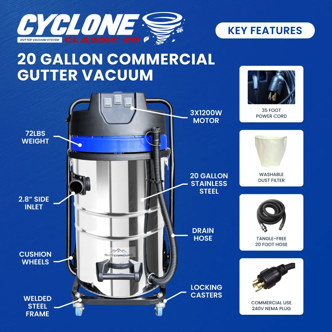 20 Gallon Classic Cyclone Gutter Wet & Dry Vacuum 240v, 3600W, 3 x Motor NEW SIDE INLET