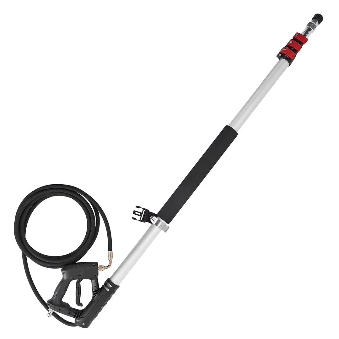 Aluminum Telescoping Pressure Washer Lance Kit - 18 Foot Reach, extended silver lance with black trigger gun, coiled hose, foam grip and red clamps