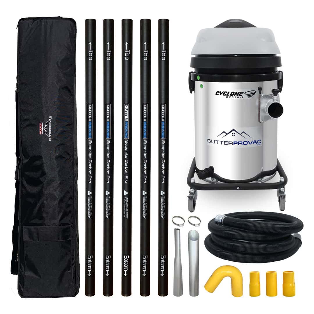 Cyclone 2400W Stainless Steel 13 Gallon Domestic (120v) Gutter Vacuum with 20 Foot Carbon Poles (Push Fit) and Bag