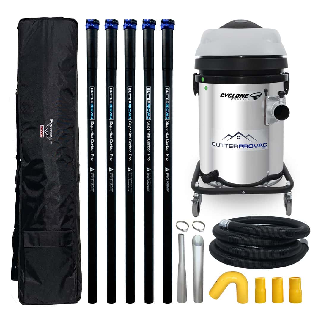 Cyclone 2400W Stainless Steel 13 Gallon Domestic 120v Gutter Vacuum with 20 Foot Carbon Fiber (Clamping) Poles and Bag