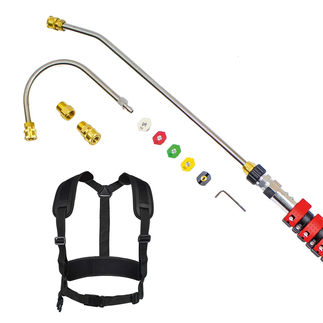 Carbon Fiber Telescoping Pressure Washer Lance Kit - 24 Foot Reach, components showing harness, two curved wands, adapters, five tips and lance head