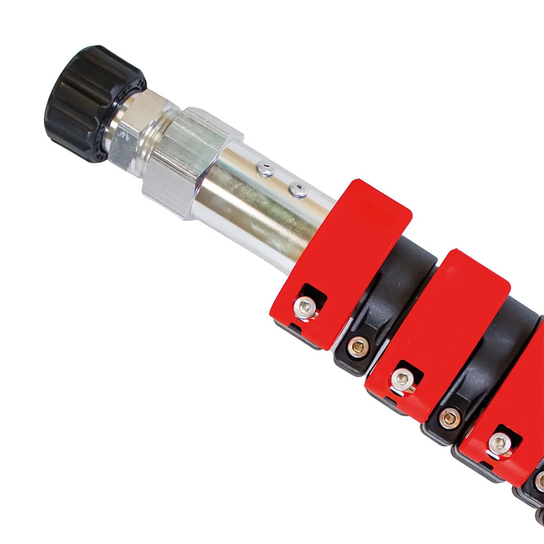 Carbon Fiber Telescoping Pressure Washer Lance Kit - 24 Foot Reach, close-up of the lance tip with red locking clamps and black adjustment knob