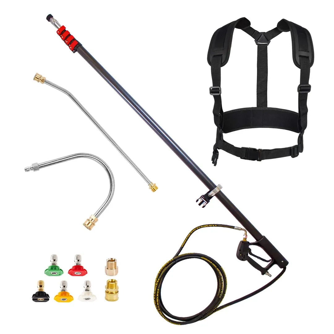 Carbon Fiber Telescoping Pressure Washer Lance Kit - 24 Foot Reach, carbon lance with harness, hose, two wands, fittings and five spray tips