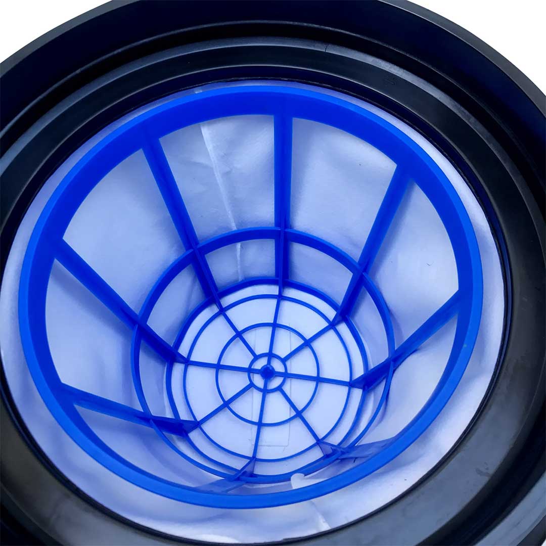 Close-up of GutterProVac inner blue filter cage with white cloth filter.
