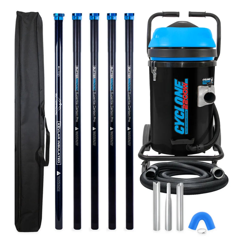 Cyclone 2200W 20 gallon residential gutter vacuum kit with five carbon clamping poles, carry bag, hose, nozzles and U-bend