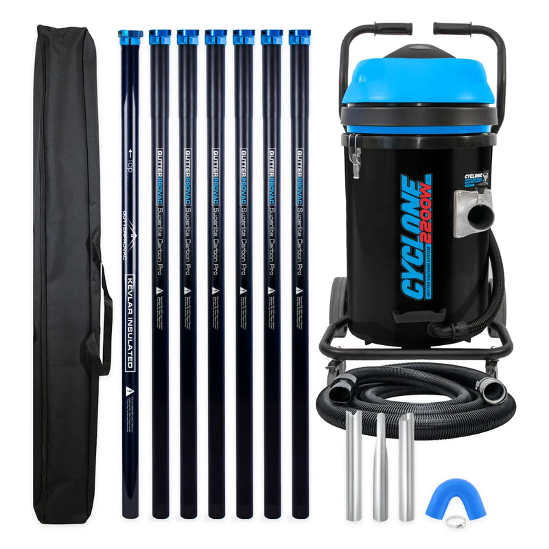 Cyclone 2200W 20 gallon residential gutter vacuum kit with seven carbon clamping poles, carry bag, hose, nozzles and U-bend