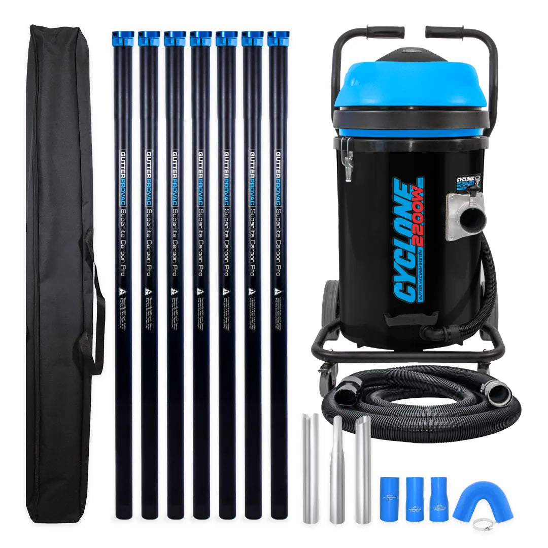 Cyclone 2200W 20 Gallon Polypropylene Domestic (120v) Gutter Vacuum with 28 Foot Carbon Clamping Poles, and Bag