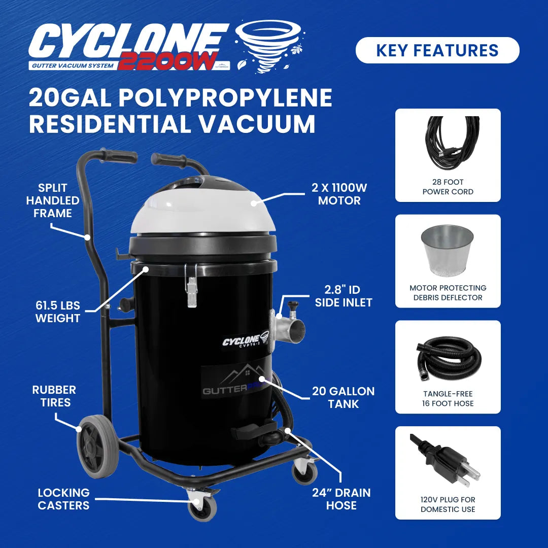 Cyclone 2200W 20 Gallon Domestic (120v) Gutter Vacuum with 20 Foot Aluminum Poles and Bag
