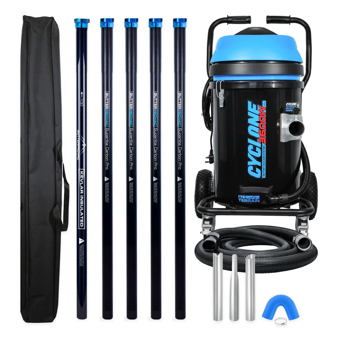 Cyclone II 3600W 20 gallon polypropylene gutter vacuum kit with five carbon poles (bottom Kevlar insulated), bag, hose, nozzles and U-bend