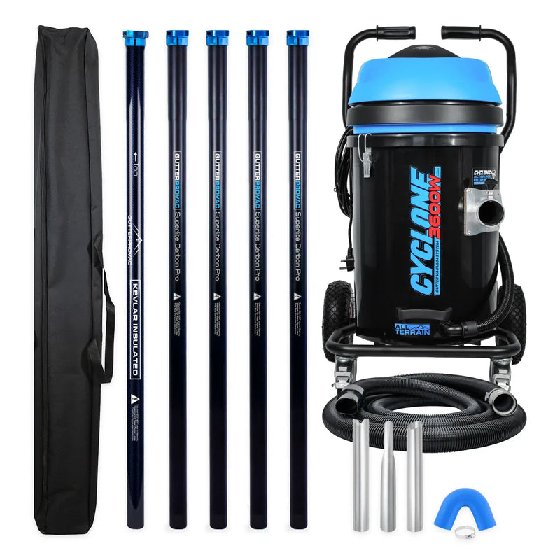 Cyclone II 3600W 20 gallon polypropylene gutter vacuum kit with five carbon poles (bottom Kevlar insulated), bag, hose, nozzles and U-bend