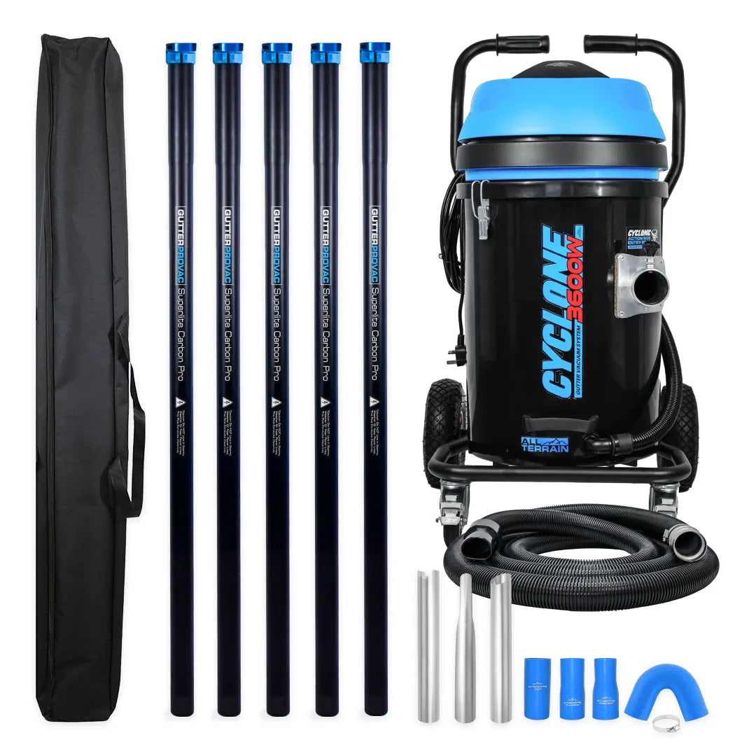 Cyclone II 3600W Polypropylene 20 Gallon Gutter Vacuum with 20 Foot Carbon Fiber Clamping  Poles and Bag