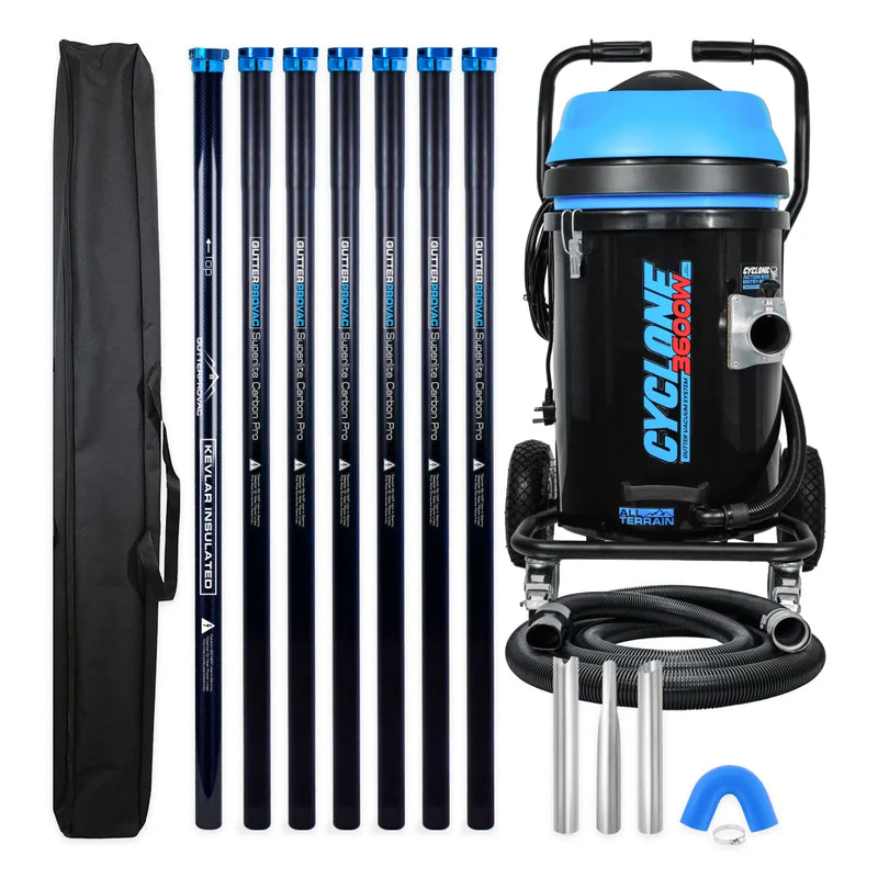 Cyclone II 3600W 20 gallon polypropylene gutter vacuum kit with seven carbon poles (bottom Kevlar insulated), bag, hose, nozzles and U-bend