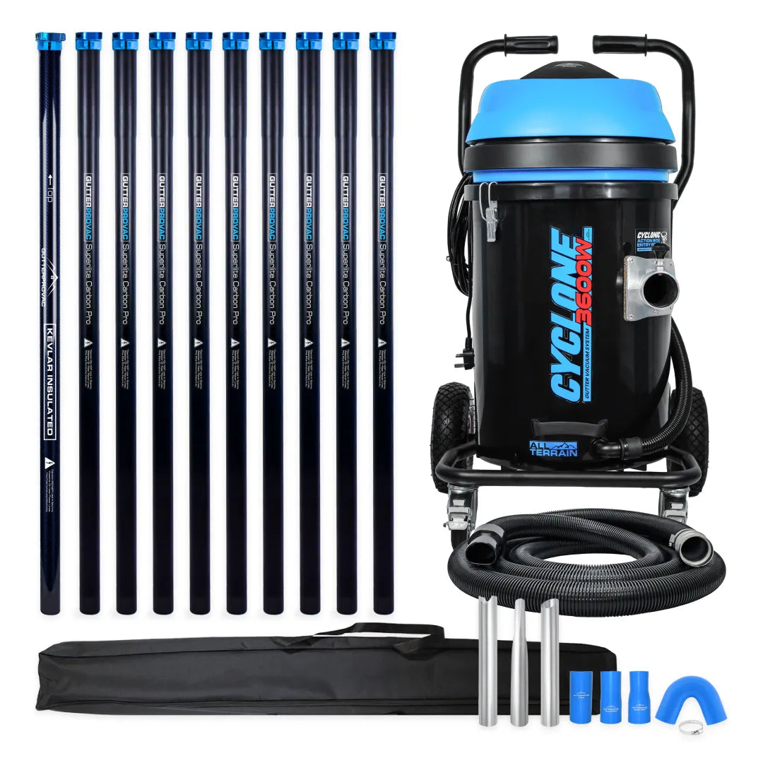 Cyclone II 20-Gallon Polypropylene Tank Commercial Gutter Vacuum with 40ft Kevlar and carbon pole kit.