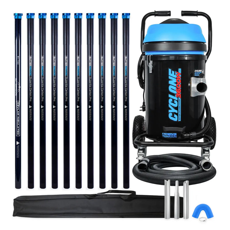 Cyclone II 3600W 20 gallon polypropylene gutter vacuum kit with ten carbon poles (bottom Kevlar insulated), bag, hose, nozzles and U-bend