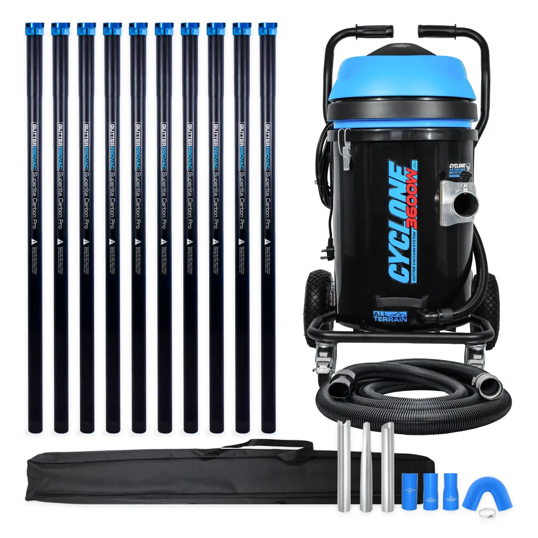Cyclone II 3600W Polypropylene 20 Gallon Gutter Vacuum with 40 Foot Carbon Fiber Clamping  Poles and Bag