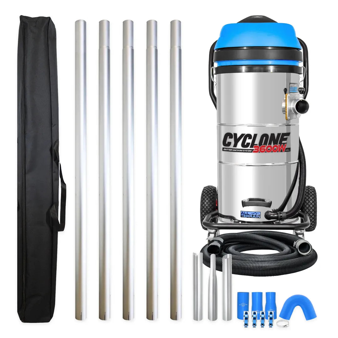 Cyclone II 3600W Stainless Steel 27 Gallon All Terrain Gutter Vacuum with 20 Foot Aluminum Poles and Bag