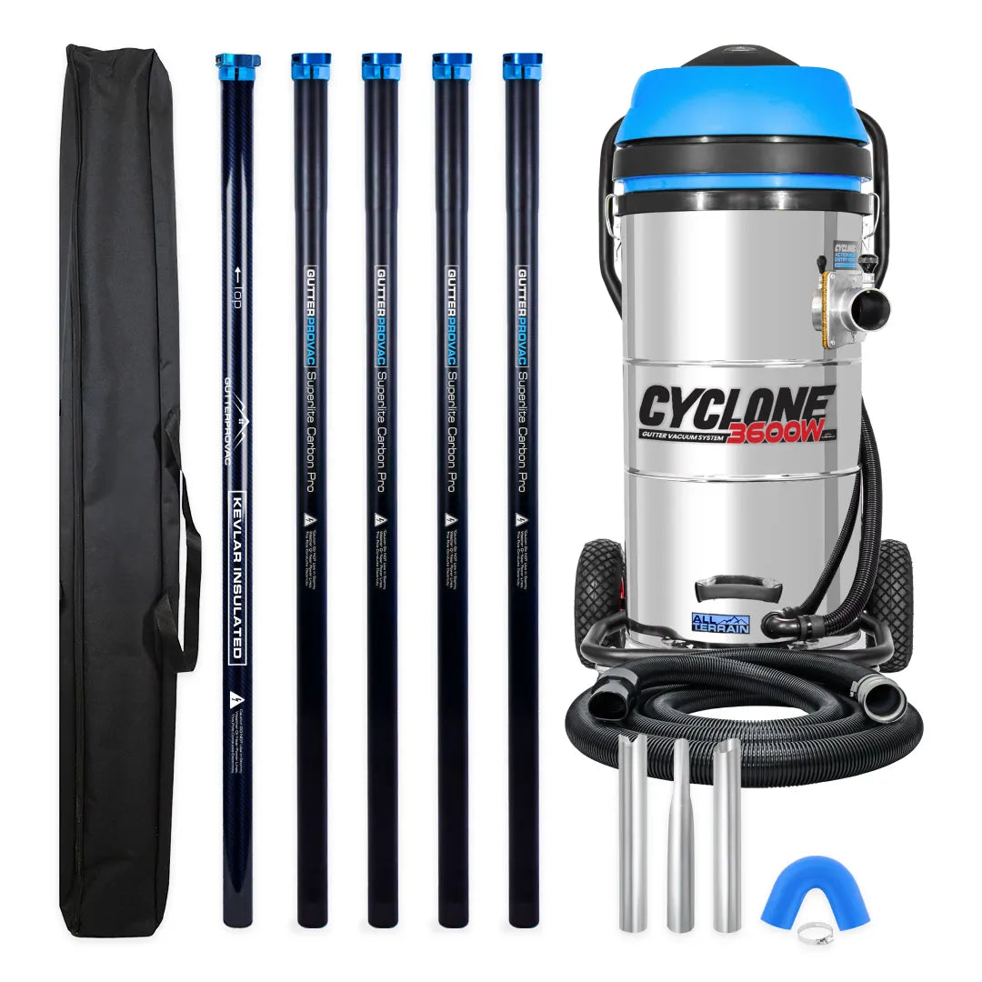 Cyclone II 3600W 27 gallon stainless steel gutter vacuum kit with five carbon clamping poles, carry bag, hose, nozzles and U-bend